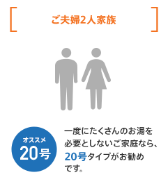 給湯器:オススメ20号 ご夫婦2人家族 一度にたくさんのお湯を必要としないご家庭なら、20号タイプがお勧めです。